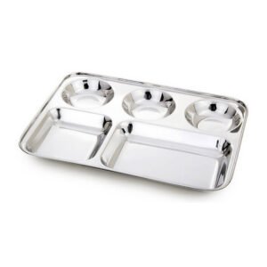 Nakshatra Stainless Steel 5-in-1 Round Watti Plate Tray, Five Compartment Divided Dinner Plate Sectioned Plate Silver